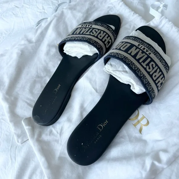 Dior DWAY Slide Deep Blue Embroidered Cotton Sz 40 - Picture 3 of 7
